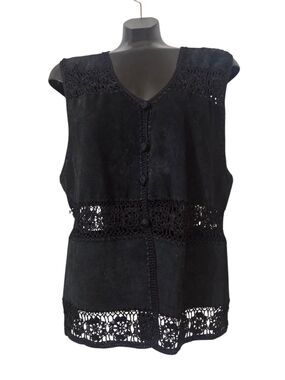 Fred Thomas Suede Leather Crochet Vest Black XL Boho Festival Hippie Cowgirl K14